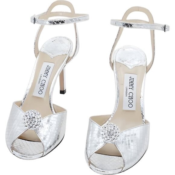 Jimmy Choo Sacora Silver Crystal Ball Ankle Strap Heels Peep Toe Women's US 6.5 - Picture 5 of 6